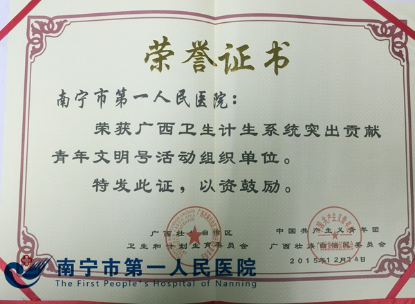 南宁市第一人民医院荣获“广西卫生计生系统突出贡献青年文明号活动组织单位”等多个荣誉